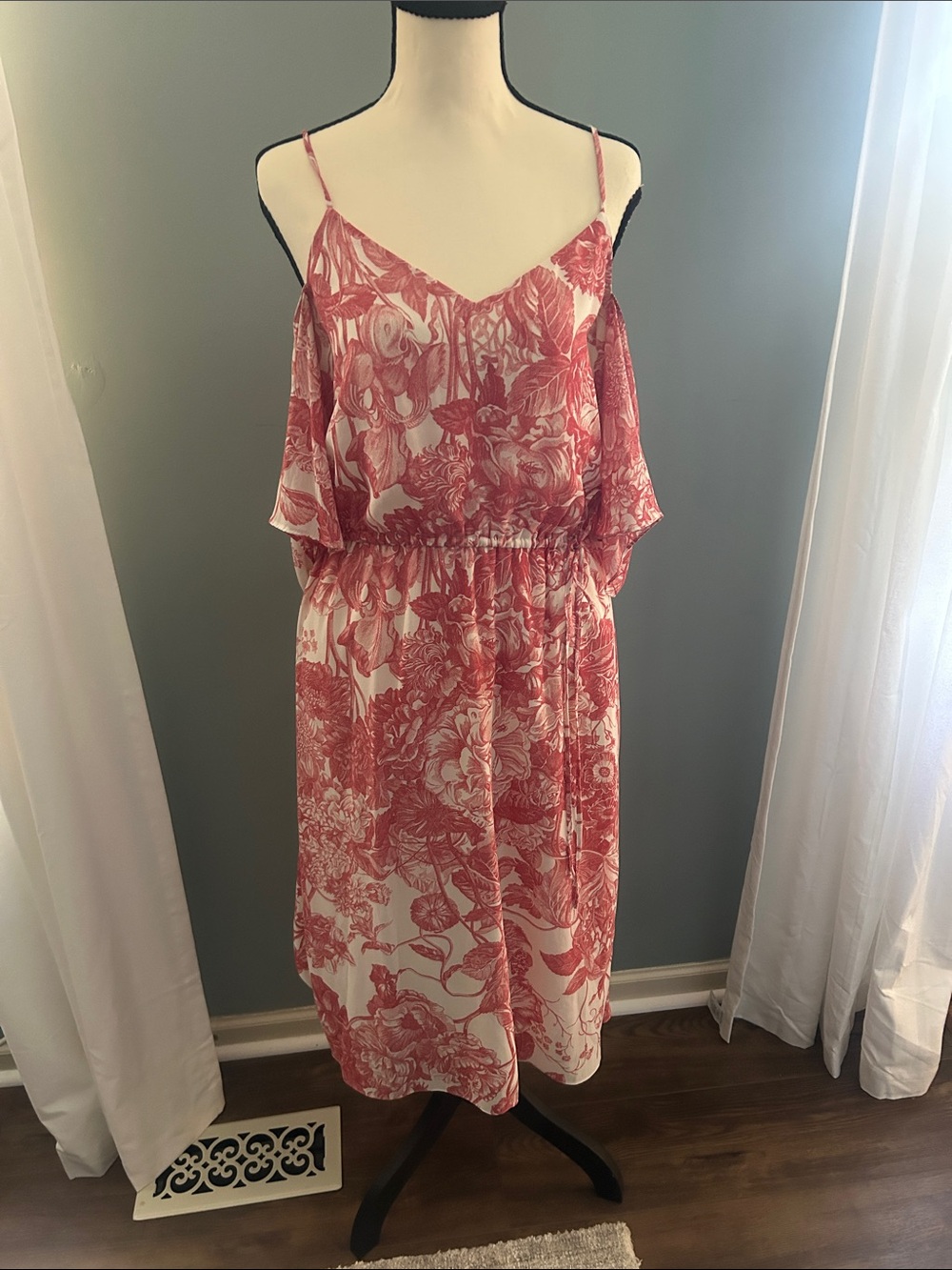 LOFT Red and White Floral Cold-Shoulder Midi Dress